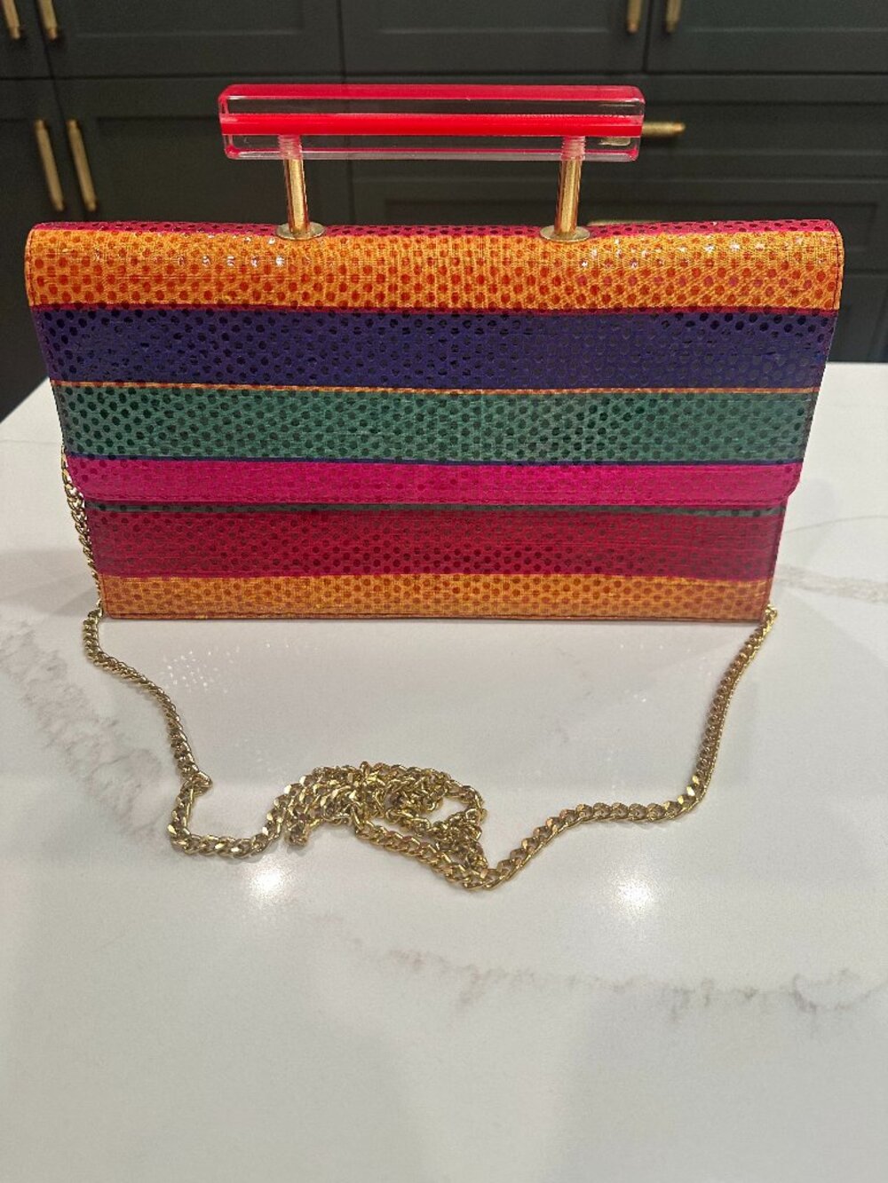 Vintage Timothy Hitsman Colorful Striped Structured Purse with Acrylic Handle